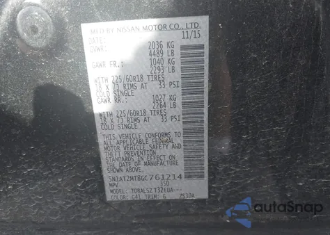 2016 Nissan Rogue Sl z USA, uszkodzony, nr VIN 5N1AT2MT8GC761214